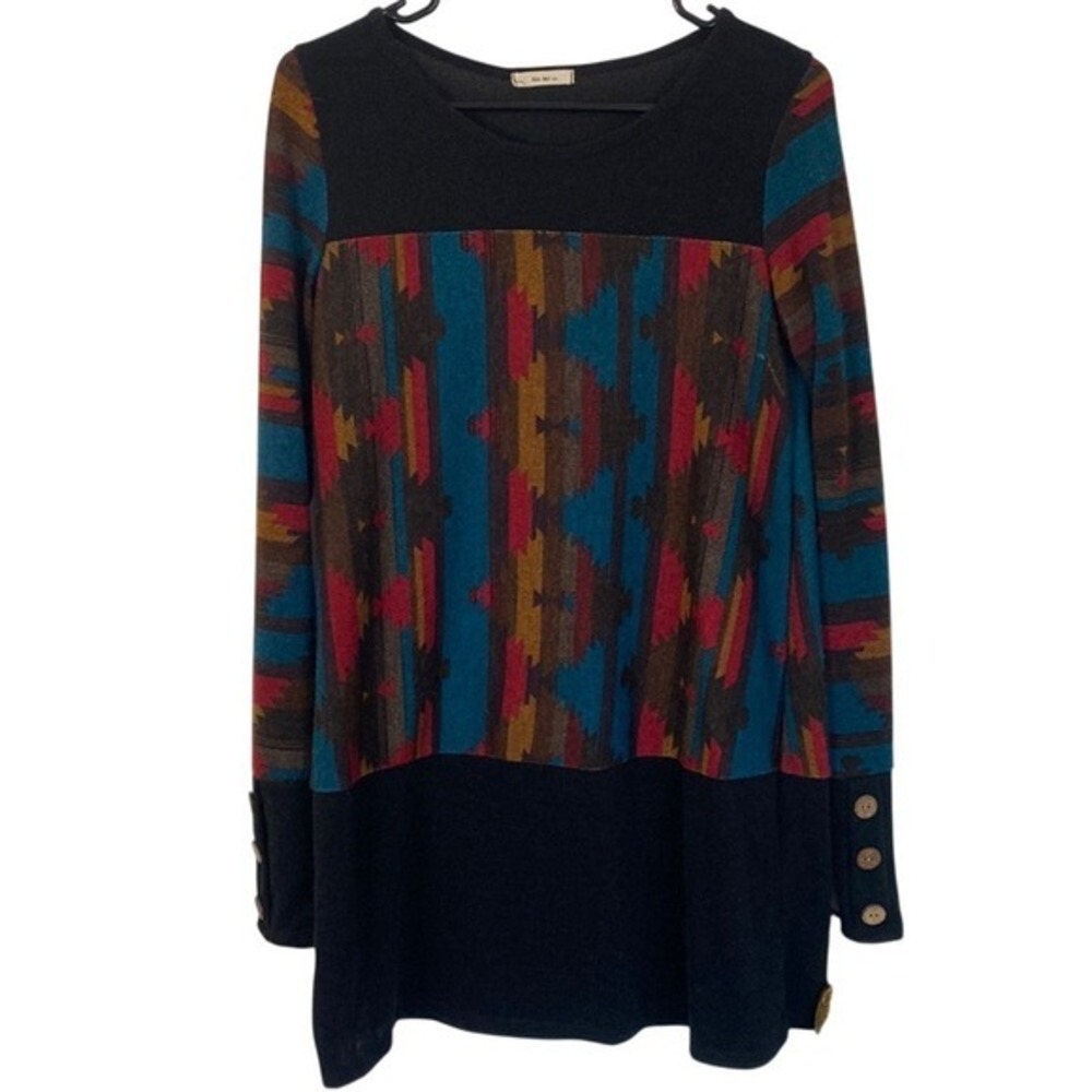 MON AMI Tunic Dress Southwestern Aztec Print Long Sleeve Casual Top Size Large